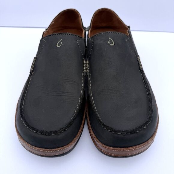 OluKai Moloa Black Leather Loafers Slip Ons mens 12 Excellent Condition main image 7